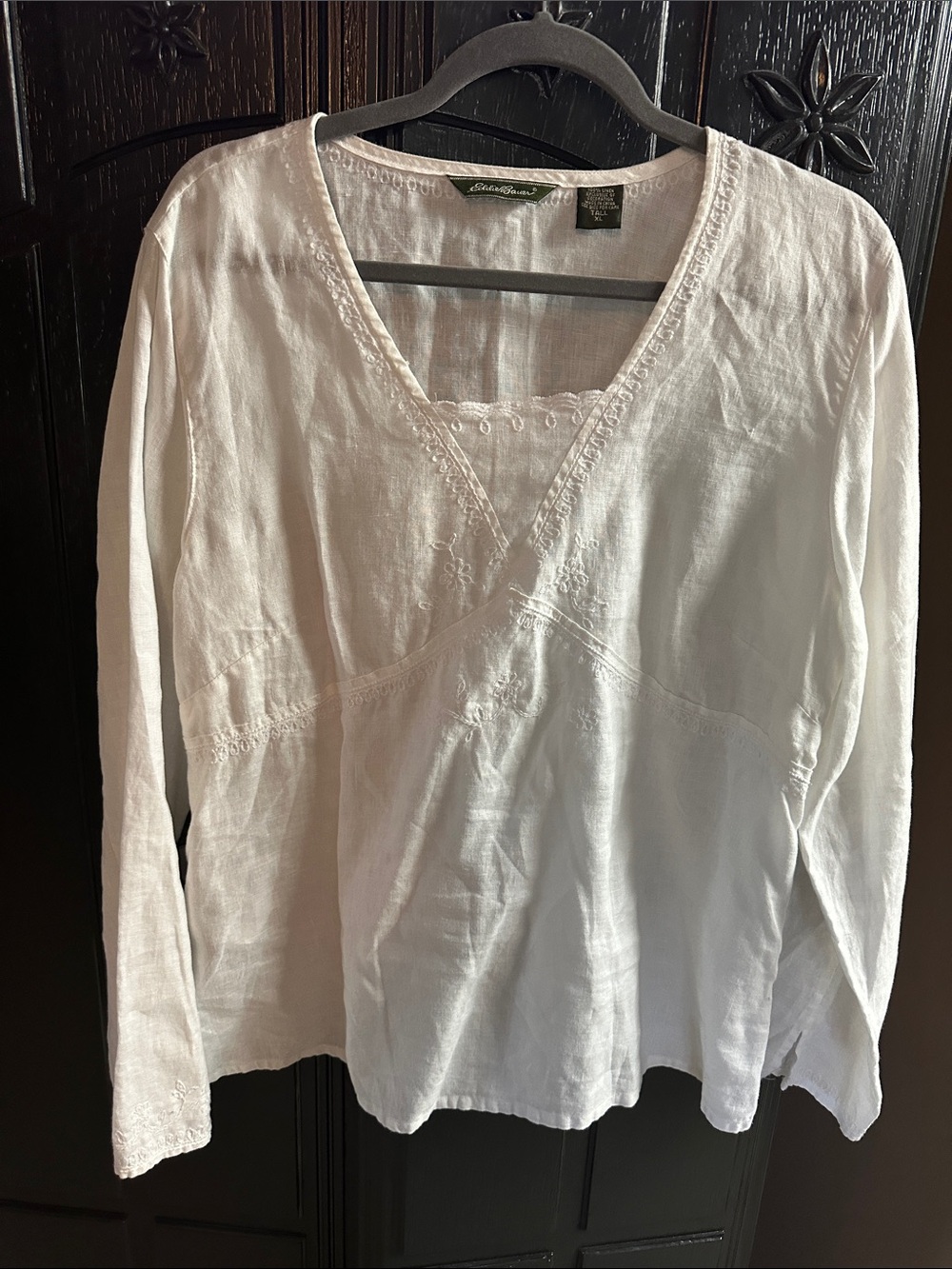 Eddie Bauer White Linen V-Neck Long Sleeve Peasant Top